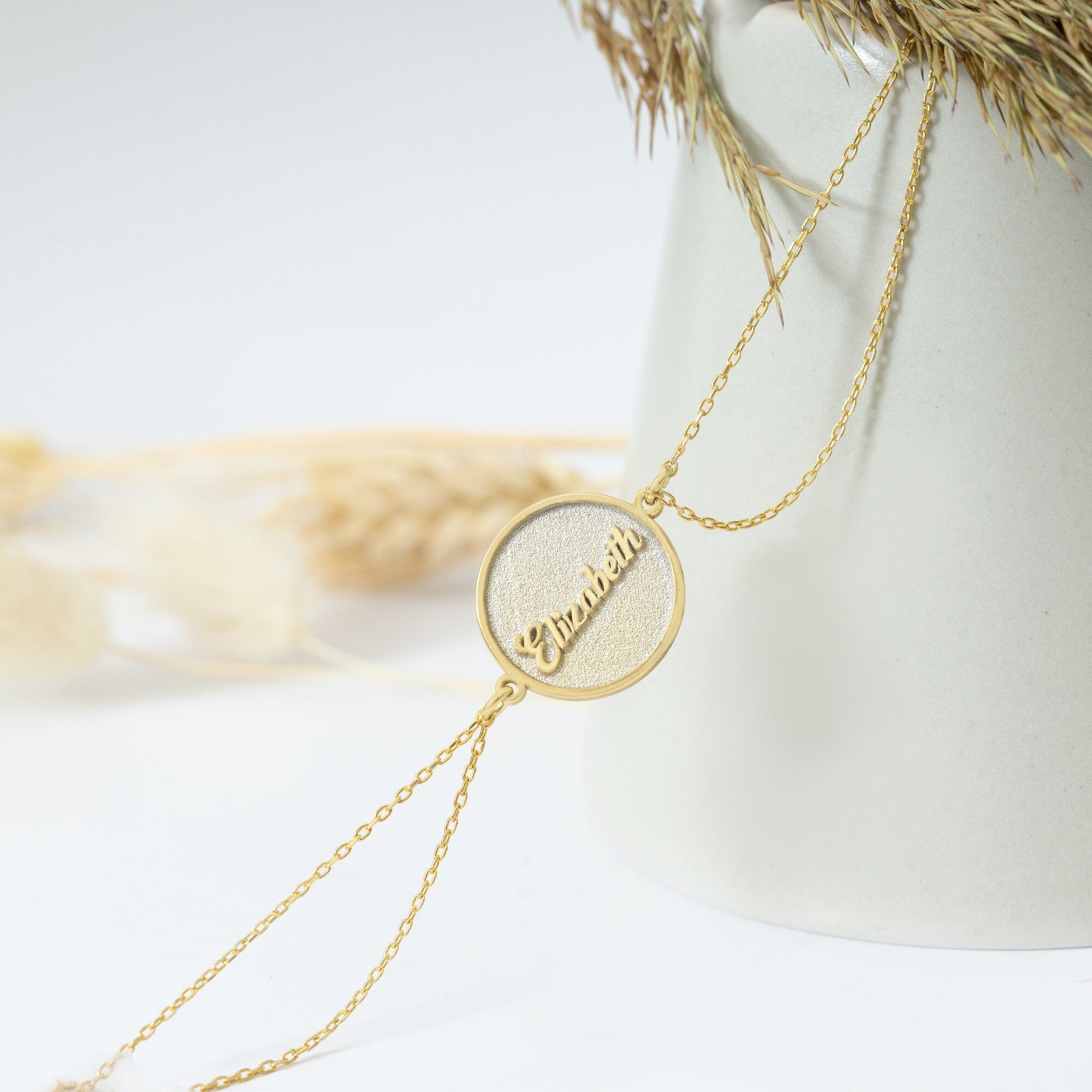 925 Sterling Silver Circle Name Tag Duo Chain Bracelet