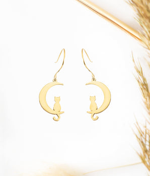 14K Solid Gold Cat Moon Drop Earrings - Cat Jewelry