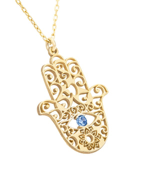 14K Solid Gold Hand of Fatima With Birthstones Necklace
