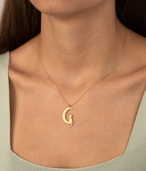 14K Solid Gold Cat Moon Necklace