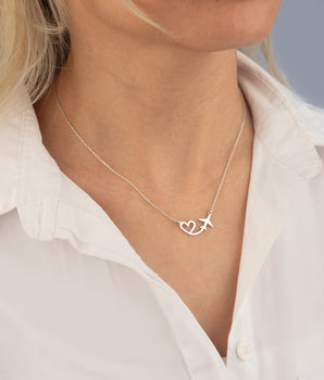 925 Sterling Silver Plane and Heart Necklace