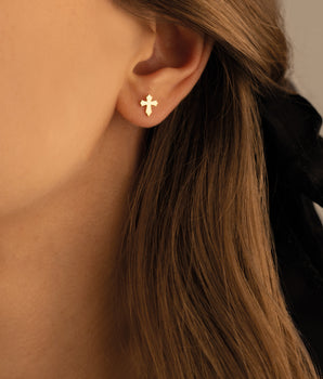 14K Solid Gold Tiny Cross Earrings