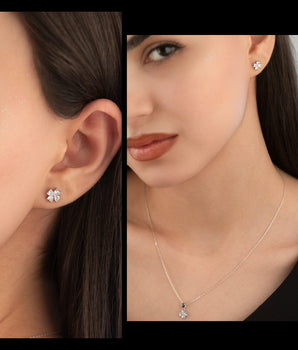 925 Sterling Silver Clover Diamond Shape Set 2 Pieces: Necklace & Earrings