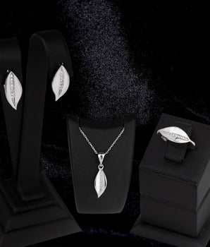 925 Sterling Silver Row of Stone Leaf Shape Set 3 Pieces: Necklace, Ring & Earrings