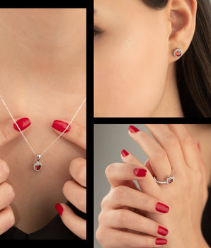 925 Sterling Silver Red Solitaire Shape Set 3 Pieces: Necklace, Ring & Earrings