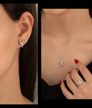 925 Sterling Silver Asymmetric Shape Jewelry Set 3 Pieces: Necklace, Ring & Earrings