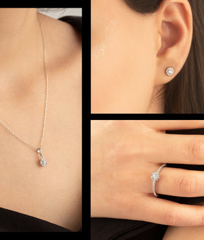 925 Sterling Silver Diamond Model Solitaire Shape Set 3 Pieces: Necklace, Ring & Earrings