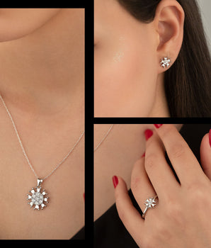 925 Sterling Silver Stone Flower Shape Set 3 Pieces: Necklace, Ring & Earrings