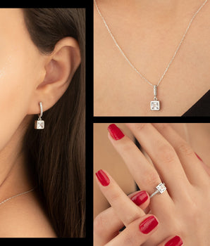 925 Sterling Silver Square Diamond Shape Set 3 Pieces: Necklace, Ring & Earrings