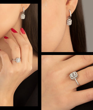 925 Sterling Silver Baguette With Zircon Stone Shape Set 2 Pieces: Ring & Earrings