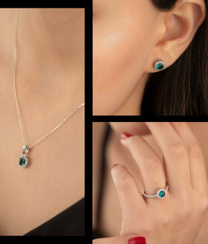 925 Sterling Silver Green Solitaire Shape Set 3 Pieces: Necklace, Ring & Earrings