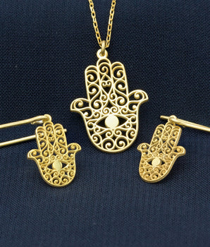 925 Sterling Silver Hand of Hamsa Necklace and Earrings Set