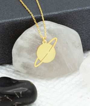 14K Solid Gold Saturn Planet Necklace