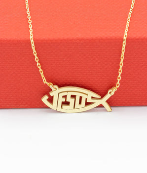 14K Solid Gold Ihthis Jesus Necklace