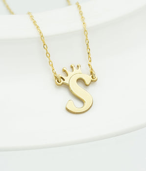 925 Sterling Silver Personalized Initial with Crown Necklace