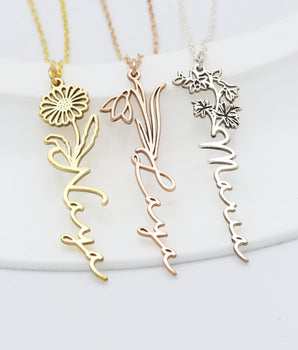 925 Sterling Silver Dainty Birth Flower Name Necklace