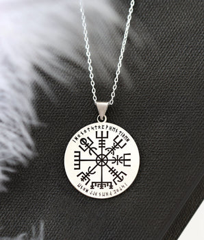 925 Sterling Silver Nordic Name Vegvisir Rune Necklace - Vikings Amulet