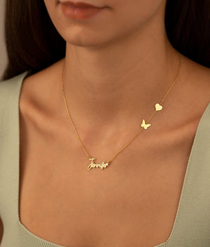 14K Solid Gold Personalized Name Necklace with Heart and Butterfly