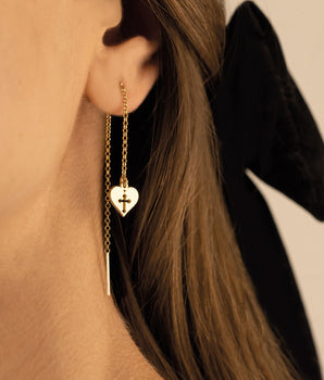 925 Sterling Silver Threader Hollow Cross With Heart Earring