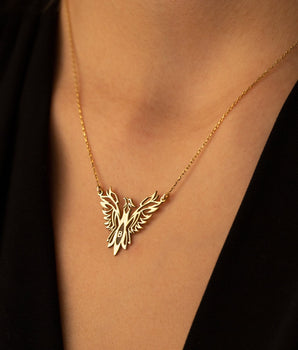 925 Sterling Silver Unique Phoenix and Initial Gold Necklace
