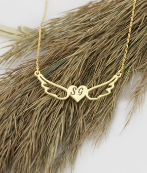 925 Sterling Silver Initial Angel Wings Love Necklace