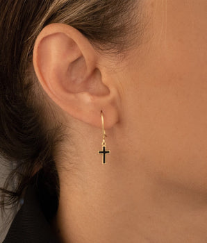 925 Sterling Silver Black Enamel Dainty Cross Earring