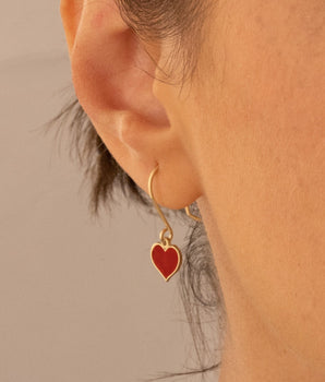 14K Solid Gold Dangle Red Heart Earring