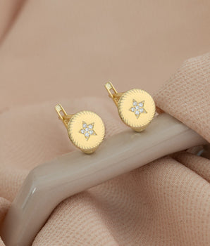 925 Sterling Silver Diamond Round Star Hoop Earrings