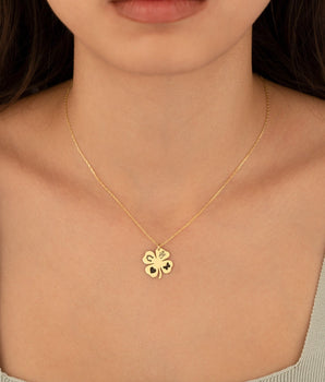 14K Solid Gold Four Leaf Clover Shamrock Necklace